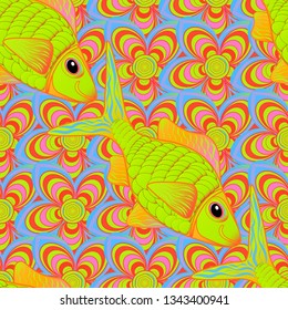 Decorative seamless pattern with tropical fish stylized texture for embroidery. Vector pattern for printing on fabric in green, red and orange colors.