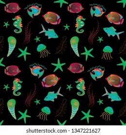 Decorative seamless pattern with tropical fish stylized texture for embroidery. Vector pattern for printing on fabric in green, black and blue colors.
