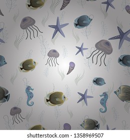 Decorative seamless pattern with tropical fish stylized texture for embroidery. Vector pattern for printing on fabric in white, gray and blue colors.