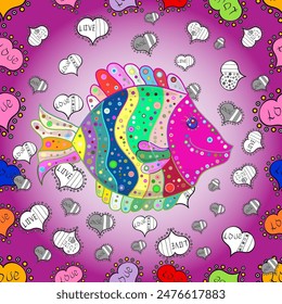 Decorative seamless pattern with tropical fish stylized texture of embroidery. Vector pattern for printing on fabric. Purple, neutral and pink.
