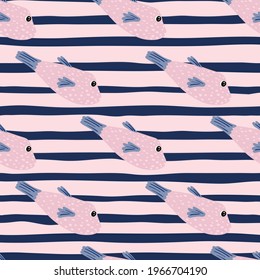 Decorative seamless pattern with tropical pink fish elements. Striped background. Wild aquarium backdrop. Designed for fabric design, textile print, wrapping, cover. Vector illustration.