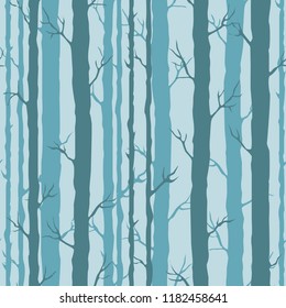 Decorative seamless pattern with trunks of trees. Endless ornament with dark turquoise stems of trees on blue backdrop. Stylish tree background for wrapping, wallpaper.