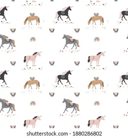 Decorative seamless pattern with unicorns, stars, rainbows in vintage boho style. Wild magic horses for wrapping paper, wallpaper, fabric. Mystical background in pastel colors. Vector illustration