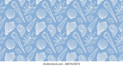 Decorative seamless pattern of a variety of hand-drawn seashells