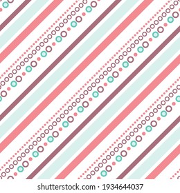 Decorative seamless pattern vector of diagonal lines, many circles. Abstract oblique stripes and polka dots pattern. Endless repeat illustration for greeting card, wallpaper, wrapping paper, fabric