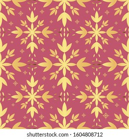 Decorative seamless pattern vector with gold openwork ornament looks like a flower on a pink background. Abstract pattern for design cards, invitations, wallpaper, wrapping paper.