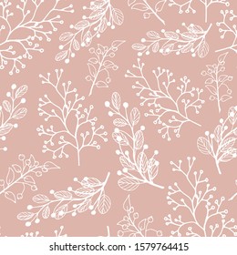 Decorative seamless pattern vector. Hand drawn doodle vector Christmas branches, leaves and berries on a pink background. Pattern for design cards, wedding invitations, wallpaper, wrapping paper.