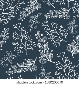 Decorative seamless pattern vector. Hand drawn doodle vector Christmas branches, leaves and berries on a blue background. Pattern for design cards, wedding invitations, wallpaper, wrapping paper.