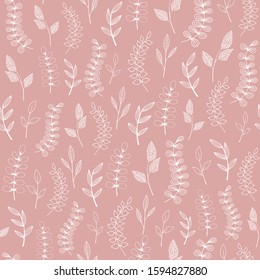 Decorative seamless pattern vector. Hand drawn doodle vector Christmas branches and leaves on a light pink background. Pattern for design cards, invitations, wallpaper, wrapping paper.