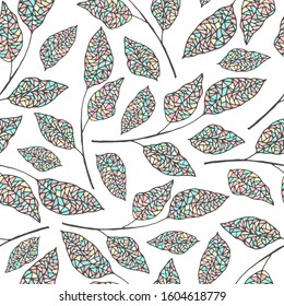 Decorative seamless pattern vector. Hand drawn colored mosaic doodle branches and leaves on a white background. Pattern for design cards, invitations, wallpaper, wrapping paper.