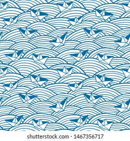 Decorative seamless pattern. Vector illustration with abstract waves or dunes. Linear ornament with paper boats.
