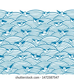 Decorative seamless pattern. Vector illustration with abstract waves or dunes. Linear border ornament with paper boats.