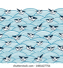 Decorative seamless pattern. Vector illustration with abstract waves or dunes. Linear border ornament with paper boats.