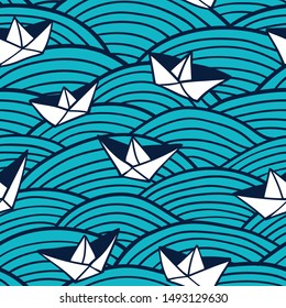 Decorative seamless pattern. Vector illustration with abstract waves or dunes. Linear border ornament with paper boats.