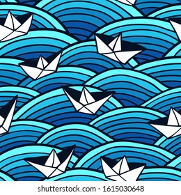 Decorative seamless pattern. Vector illustration with abstract waves or dunes. Linear border ornament with paper boats.