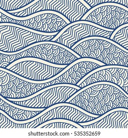 Decorative seamless pattern. Vector illustration with abstract waves or hills. Stylized ornament with sea, ocean.