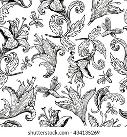 Decorative seamless pattern with vintage flowers and butterfly. Vector illustration.