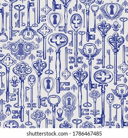 Decorative seamless pattern with vintage hand-drawn keys and keyholes in retro style. Repeatable vector illustrations on a light background. Suitable for wallpaper, wrapping paper, fabric, textile