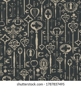 Decorative seamless pattern with vintage hand-drawn keys and keyholes in retro style. Repeatable vector illustrations on the black background. Suitable for wrapping paper, wallpaper, fabric, textile