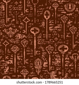 Dekoratives, nahtloses Muster mit handgezeichneten Schlüsseln und Schlüsseln im Retro-Stil. Vektorgrafik auf braunem, handgeschriebenem Hintergrund. Geeignet für Tapeten, Umhüllungen, Spinnstoffe