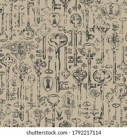 Decorative seamless pattern with vintage hand-drawn keys and keyholes in the grunge style. Vector illustration with faded drawings on a beige background. Suitable for Wallpaper, wrapping paper, fabric