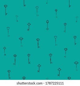 Decorative seamless pattern with vintage ornate keys in retro style. Repeatable vector illustrations on an emerald background. Suitable for wallpaper, wrapping paper, fabric, textile