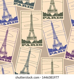 Decorative seamless pattern with vintage paper landmarks of the Eiffel Tower. Stickers of travel Paris. Vector illustration