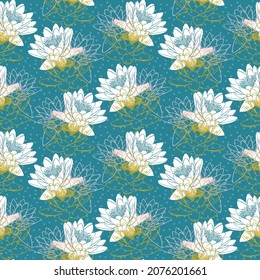 Decorative seamless pattern with water lilies, vector illustration