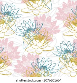 Decorative seamless pattern with water lilies, vector illustration