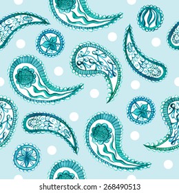 Decorative seamless pattern with watercolor hand-drawn paisley-style elements