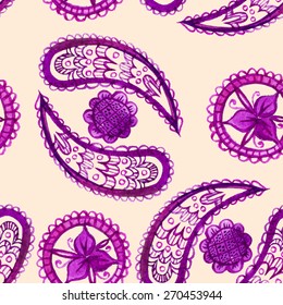 Decorative seamless pattern with watercolor hand-drawn paisley-style elements