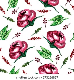Decorative seamless pattern with watercolor hand-drawn floral elements