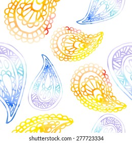 Decorative seamless pattern with watercolor hand-drawn paisley elements