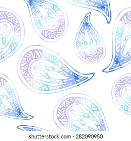 Decorative seamless pattern with watercolor hand-drawn paisley elements