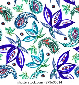 Decorative seamless pattern with watercolor hand-drawn paisley-style and floral elements