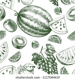 Decorative seamless pattern with watermelons, grapes, citruses. Ink hand drawn Vector illustration. Texture with ripe fruit.