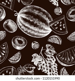Decorative seamless pattern with watermelons, grapes, citruses. Ink hand drawn Vector illustration. Texture with ripe fruit.