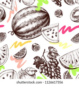 Decorative seamless pattern with watermelons, grapes, citruses. Ink hand drawn Vector illustration. Texture with ripe fruit.