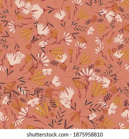 Decorative seamless pattern with white and orange colored fllowers bouquet silhouettes. Pink background. Stock illustration. Vector design for textile, fabric, giftwrap, wallpapers.