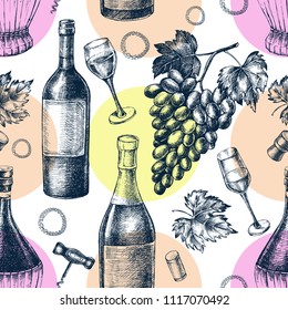 Decorative seamless pattern with wine bottles, wineglasses, a bunch of grapes. Ink hand drawn Vector illustration. Composition of drink elements for menu design.