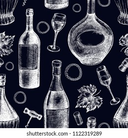 Decorative seamless pattern with wine bottles, wineglasses. Ink hand drawn Vector illustration. Composition of drink elements for menu design.