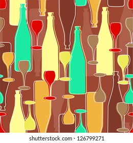 Decorative seamless pattern with wine bottles and glasses