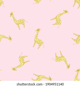 Decorative seamless pattern with yellow giraffe print. Pastel pink background. Random animal backdrop. Graphic design for wrapping paper and fabric textures. Vector Illustration.