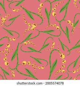 Decorative seamless pattern with yellow random lily of the valley elements. Bright pink background. Stock illustration. Vector design for textile, fabric, giftwrap, wallpapers.