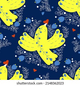 Dekoratives, nahtloses Muster mit gelb-blauem Vogel mit Herz auf blauem Hintergrund und einer offenen Dekoration. Vektorgrafik in den Farben der ukrainischen Fahne für nationale Dekoration, Design, Tapete