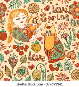 decorative seamless pattern with young girls, cat, bird, flowers, berries, leaves and decorative letters spring and love