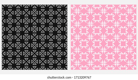 Decorative seamless patterns. Black and pink colors. Vector background