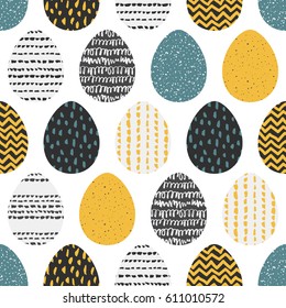 Decorative seamless patterns with hand painted eggs. Colorful endless background with colorful textured ovals on white. Handdrawn stylish backdrop for fabric, wrapping, packaging paper, wallpaper
