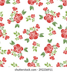 Decorative seamless patterns with red roses, leaves and branches. Vector illustration. Best for your design, Tattoo, invitations, greeting cards, textiles, prints