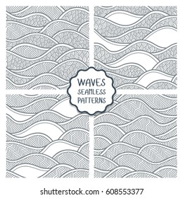 Decorative seamless patterns. Vector illustration with abstract waves or dunes. Collection of geometric ornaments.